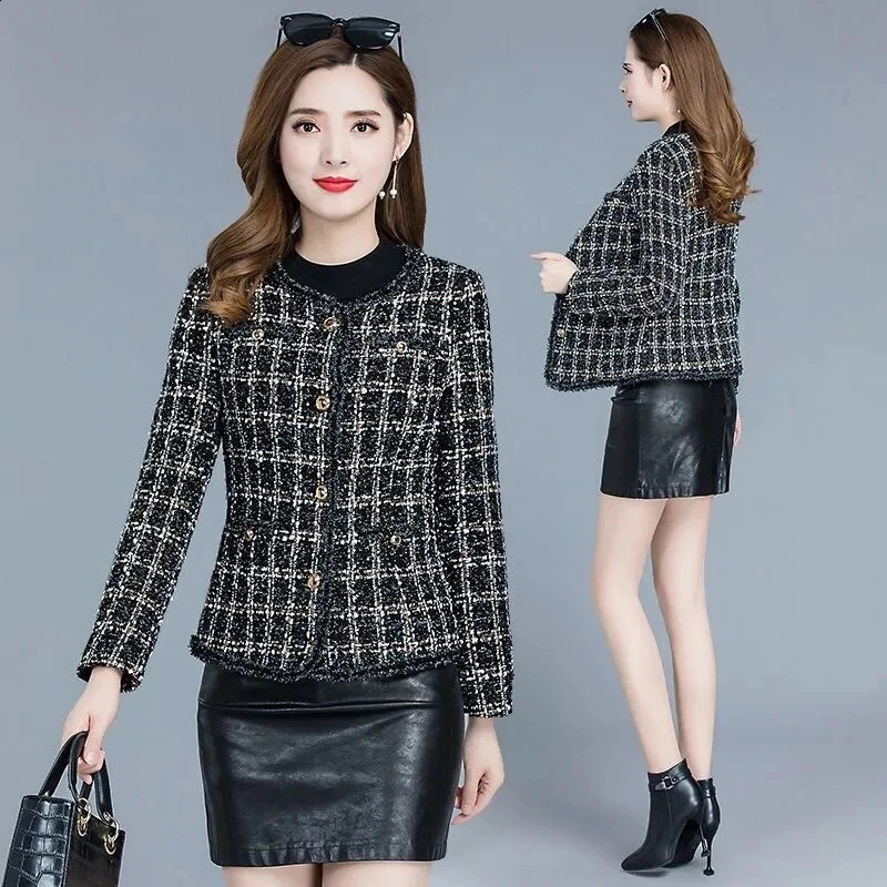 Small Fragrant Coat Women Spring Autumn Korean Slim Short Jacket Female Tweed Wool Outwear Casual All-match Plaid Blazer Tops 240812