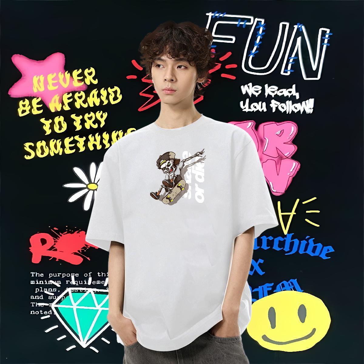 New Mens T Shirts skull Top Tees 230g Cotton Street Loose Anime Print Pure Cotton Men Tops Tees