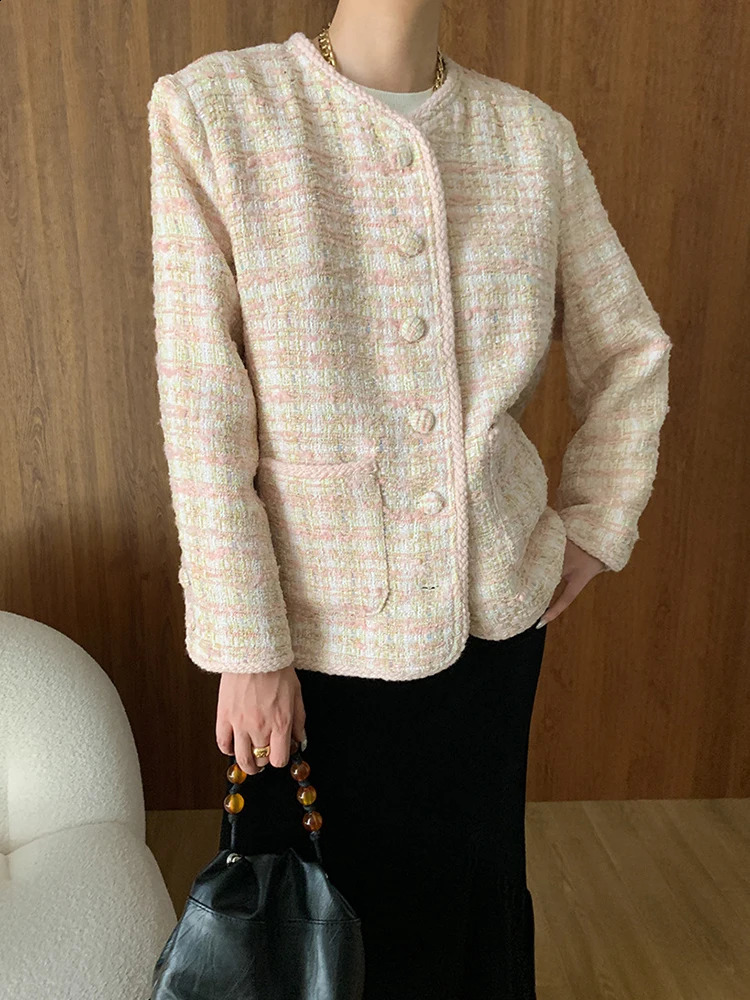 LANMREM Tweed Round Neck Blazer For Women Single Breasted Long Sleeve Office Lady Loose Jackets Autumn 26D9827 240812