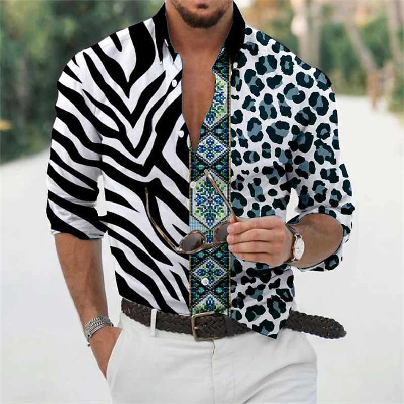 Mens button-up shirt casual business spring and summer plus size long sleeve flat lapel street resort wear fashionable casualXJ240812