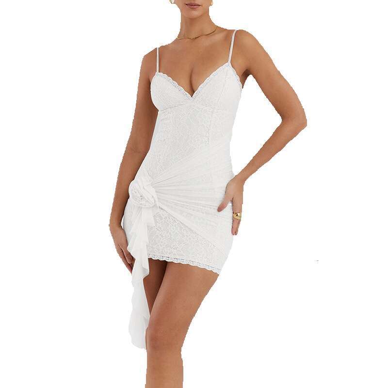 Hot Selling New Dress Sexy and Fashionable Lace Patchwork Mesh Suspender with Exposed Backpack Buttocks Short Skirt Novelty High Waist Dress Round Nec