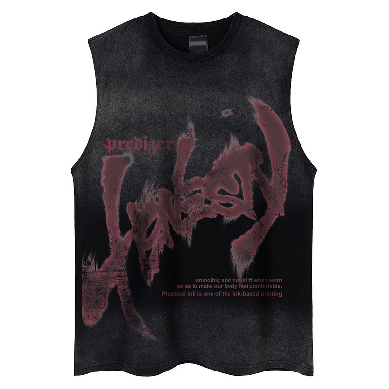 Mens Hip Hop Gradient Graffiti Printed Sleeveless T-shirt for Men and Women Trendy Style Loose Couple Suede Tee