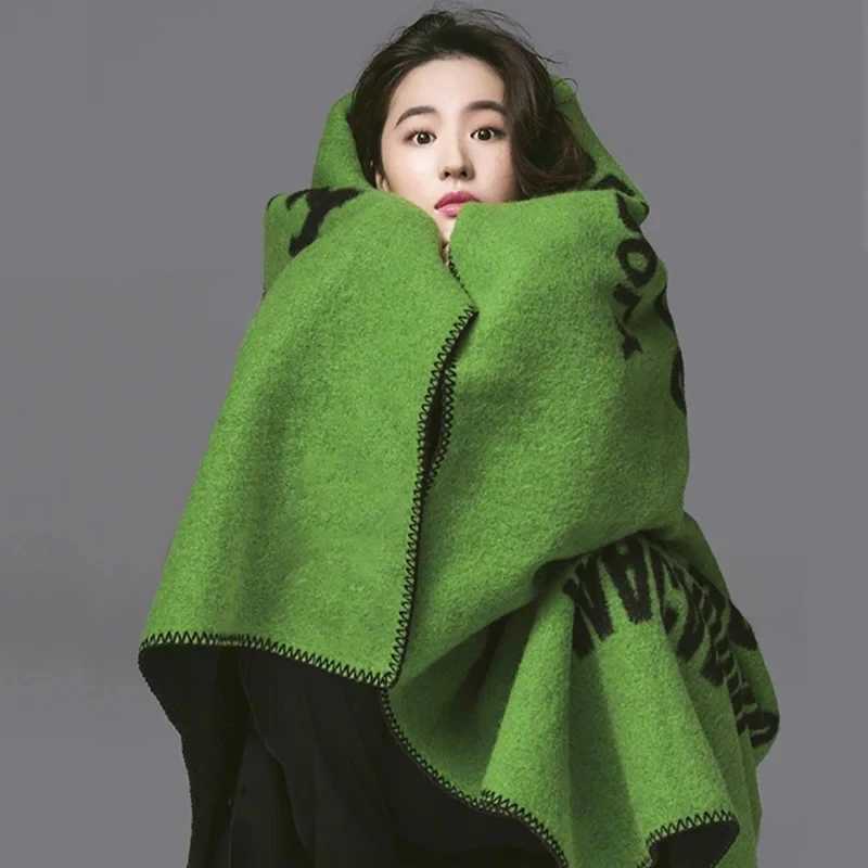 Letter Green Ponchos Cape Scarf Womens Thick Knitted Wool Scarf Coat Winter Warm Shawl Bag Size Up W240810