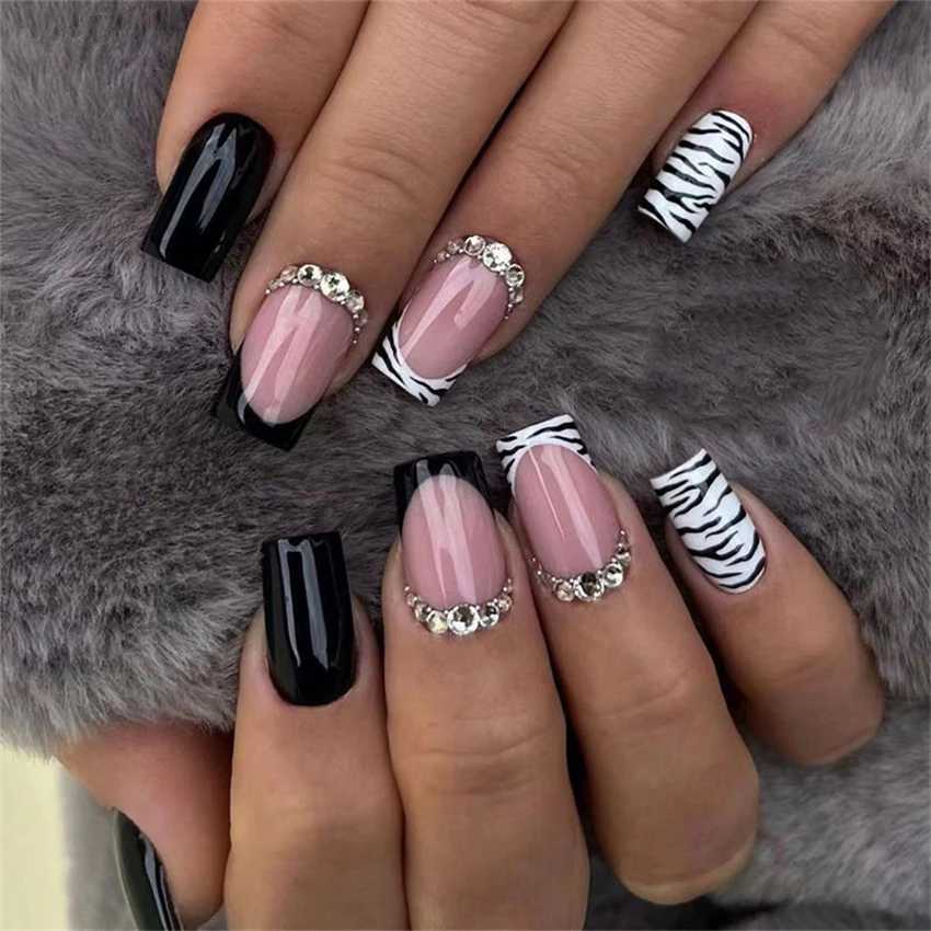 24 pieces/Rectangular Head Ballet Fake Nail Marble Perforated Coffin Fake Nail Full Cover Acrylic Nail Tip Artificial Press Machine W240810