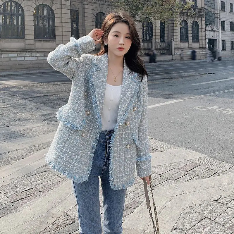 Spring Autumn Casual Woolen Suit Jacket Womens Outwear Fashion Loose Mid-Length Double-Breasted Burrs Chic Tweed Coat 240812