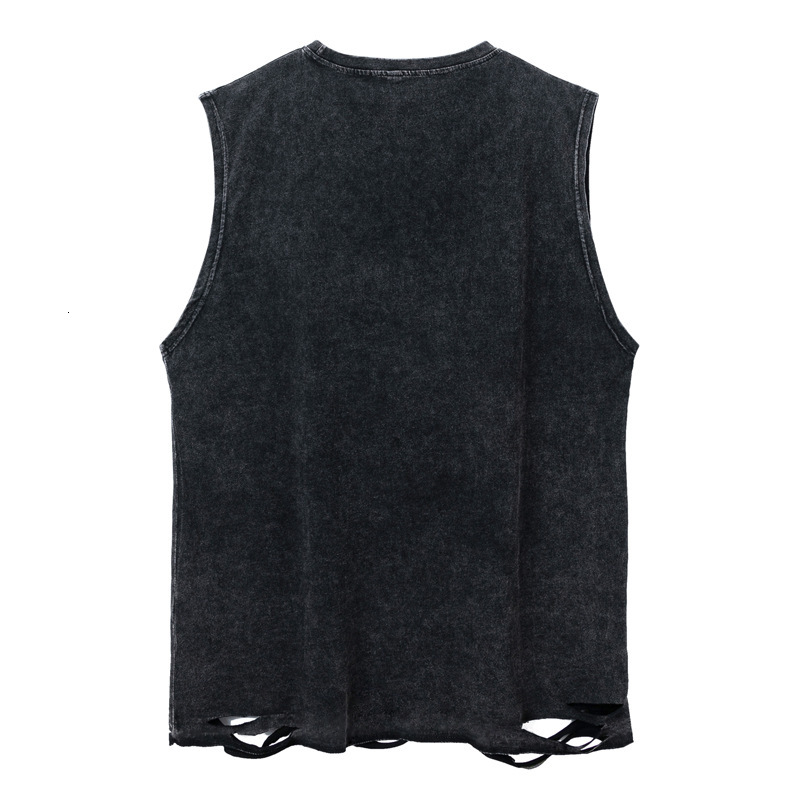 Mens American High Street Washed Distressed Floral Tank Top Mens Ins Loose Hip-hop Sleeveless T-shirt