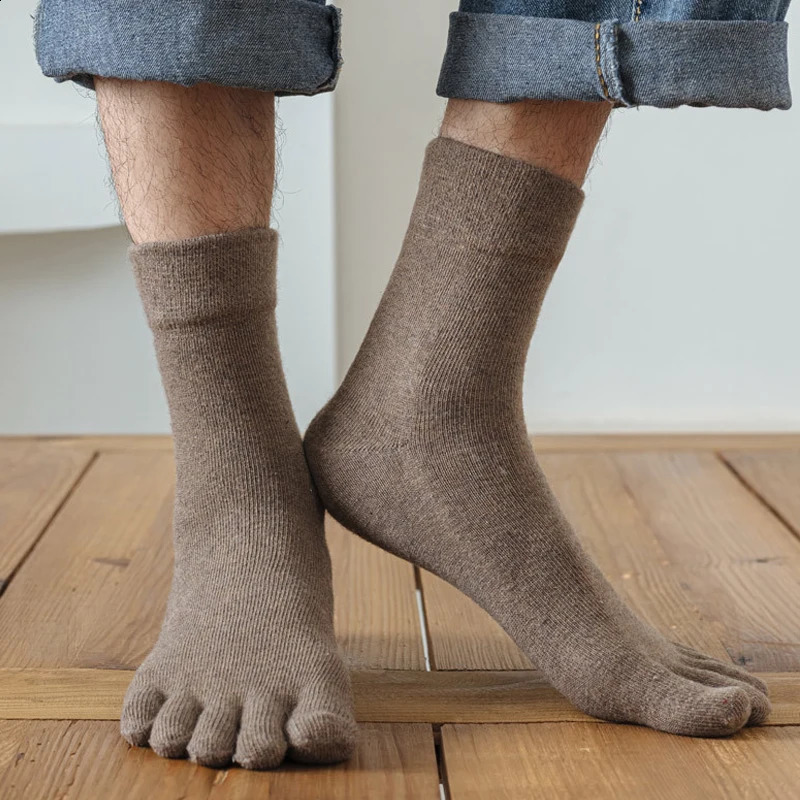 5 Pairs Wool Toe Short Socks Winter Man Solid Soft Elastic Endurable Business Sweat-Absorbing Thick Thermal Warm 5 Finger Socks 240812