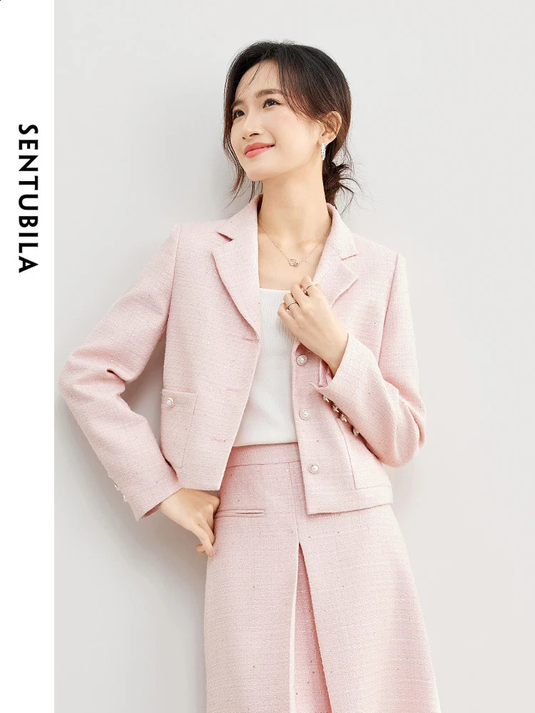 SENTUBILA Pink Elegant Cropped Tweed Jacket Spring Notched Single Breasted Straight Blazer Coat Women Outerwear 141W53603 240812