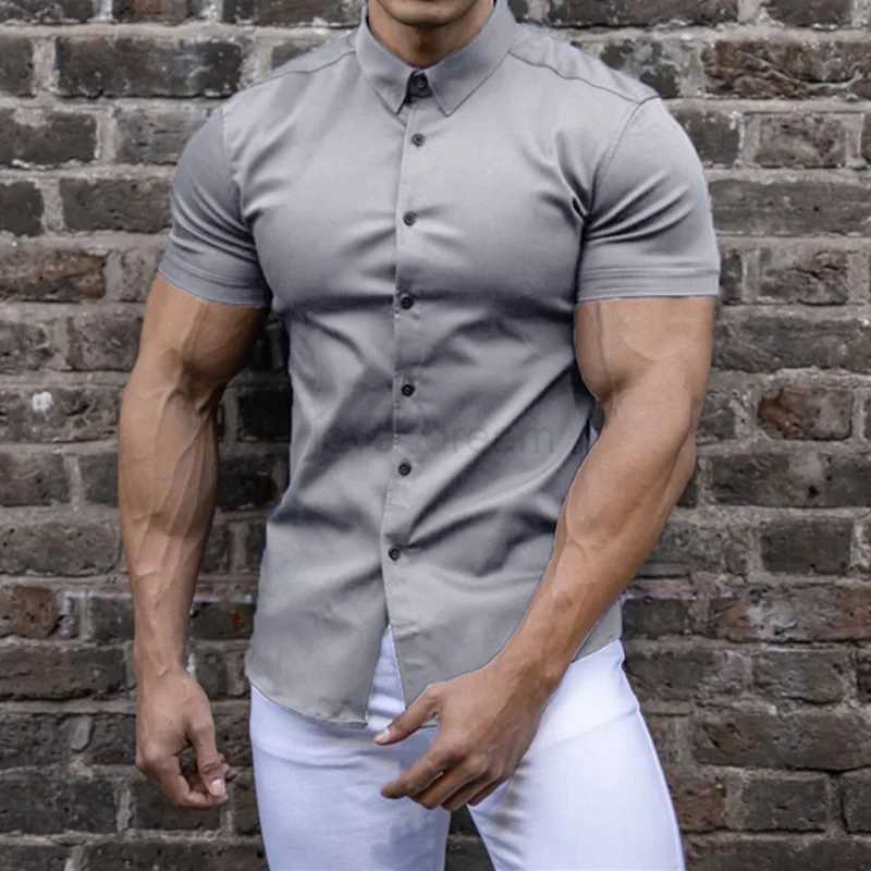 Men Casual Short Sleeve Shirt Street Wear Lapel Button Solid Color Muscle Fitness Brother Shirt For Male Vintage Vacation BlouseXJ240812