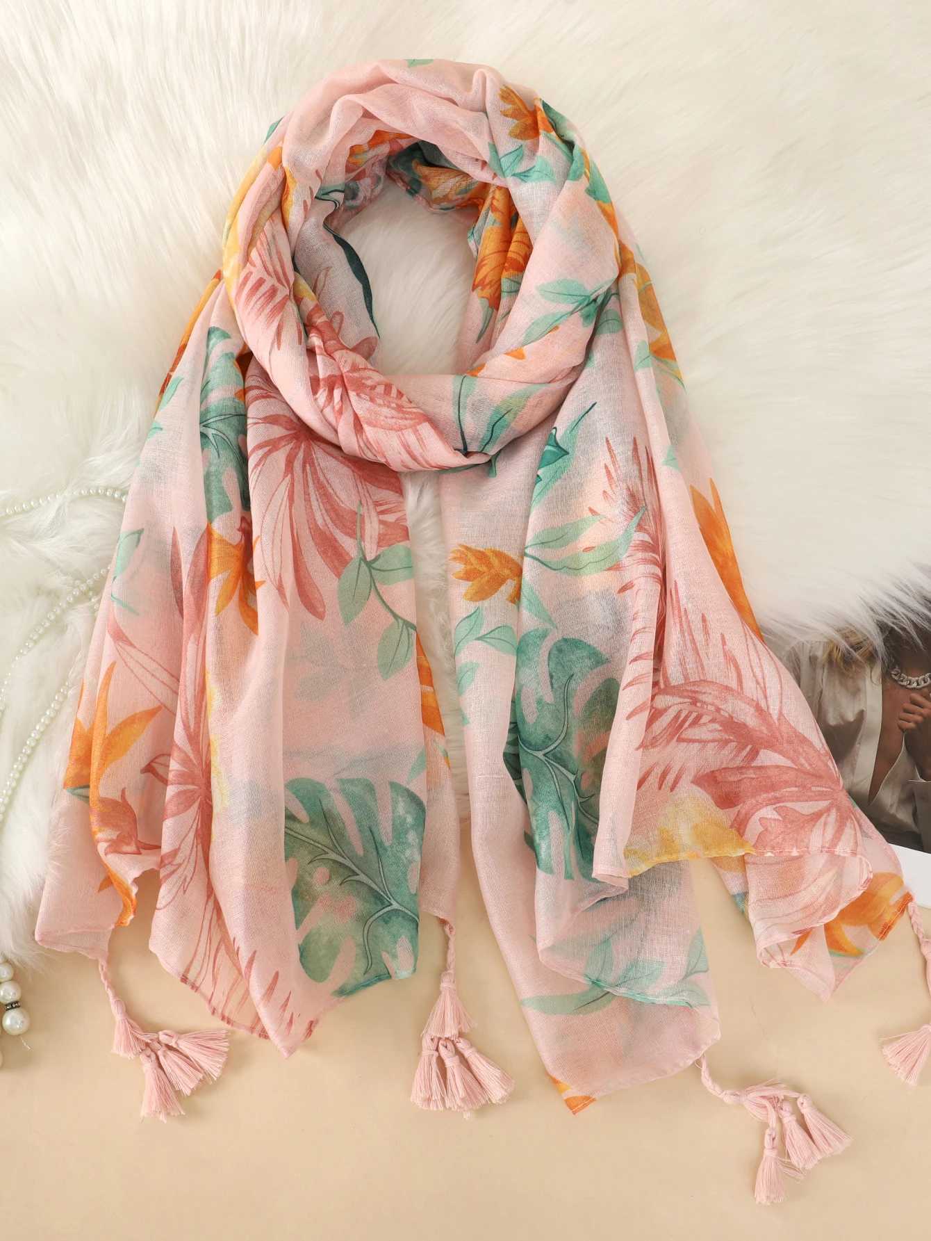 2023 Spanish Fashion Daisy Flower Tassel Adhesive Shawl Womens Printed Soft Pashmina Stor Bausnode Bouvandas Muslim Headscarf Sjaal W240810