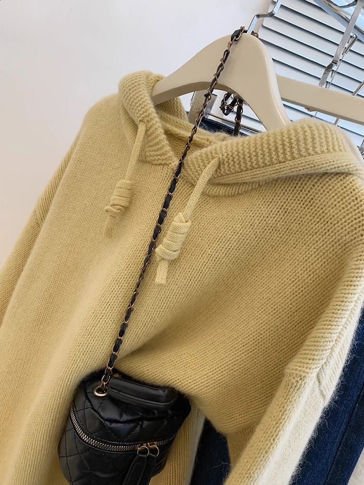 Women Sweater Autumn Winter Fashion Long Sleeve Tops Casual Loose Hooded Knitted Pullovers Korean Lazy Style Solid Color Sweater 240812