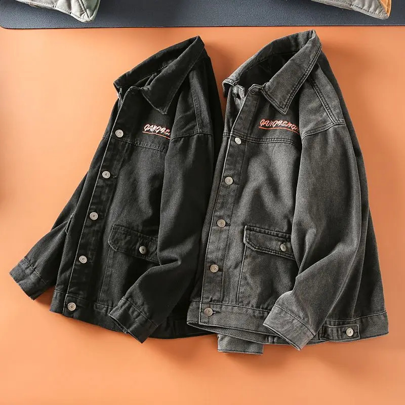 Y2K Harajuku Style Fashion Washed Old Young Men Vintage Hip Hop Letters Embroidered Lapels Casual Denim Jacket 240816
