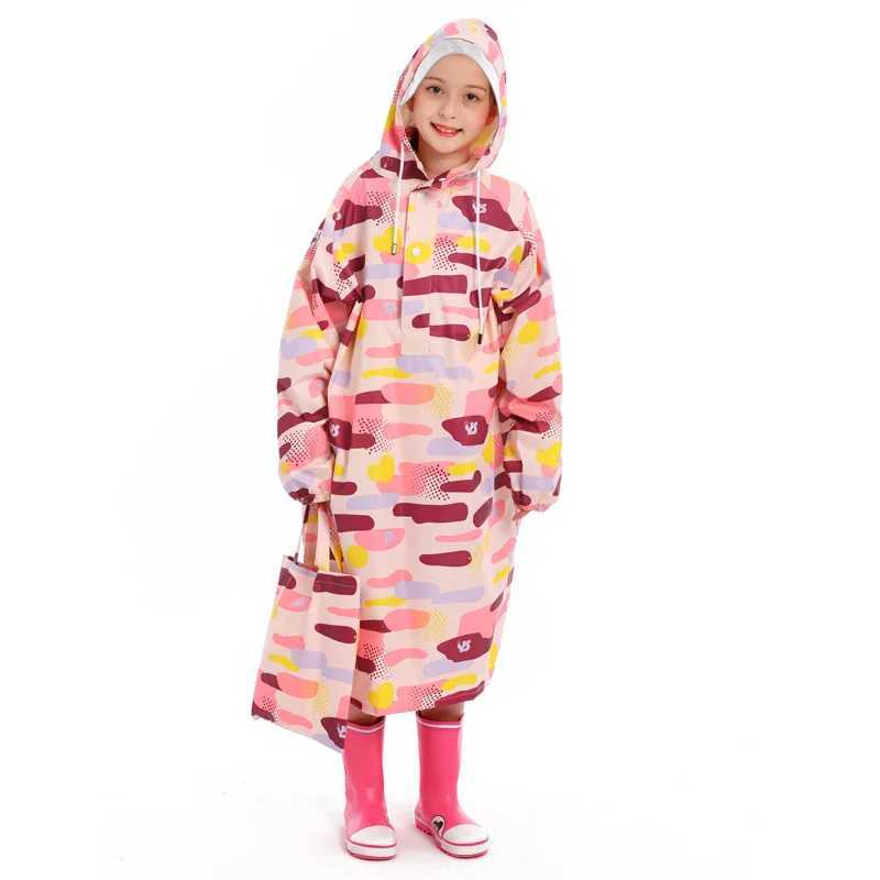 Childrens Raincoat with Schoolbag Waterproof Big Brim Boy Student Girl Child Sleeved Rain Cape Y240810