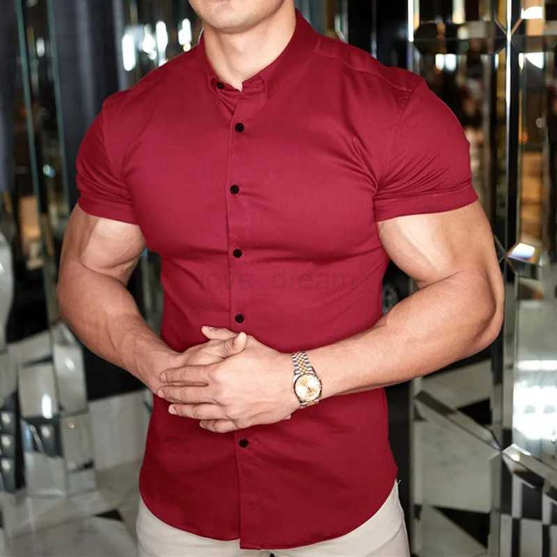 Men Casual Short Sleeve Shirt Street Wear Lapel Button Solid Color Muscle Fitness Brother Shirt For Male Vintage Vacation BlouseXJ240812