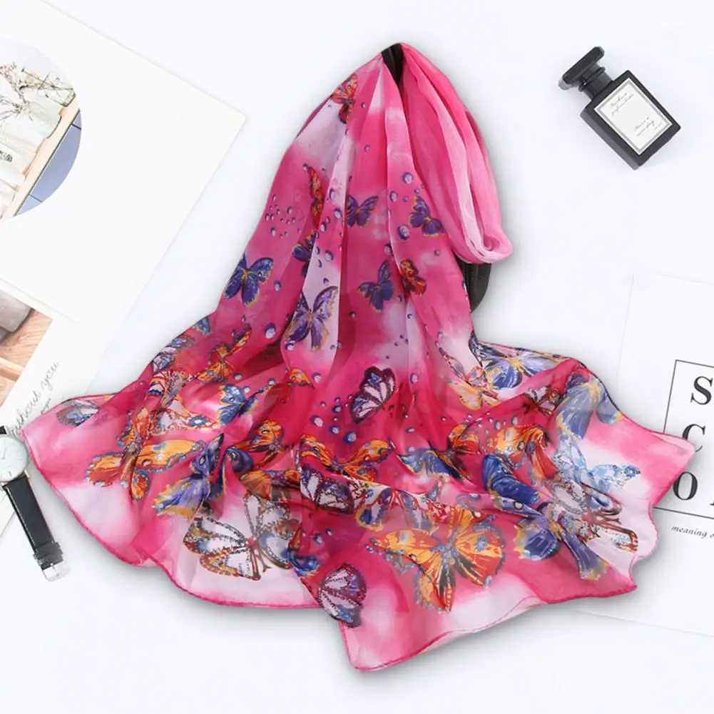 Fashionable synthetic silk scarf colorful chiffon shawl breathable summer butterfly printed long shawl packaged dress W240810