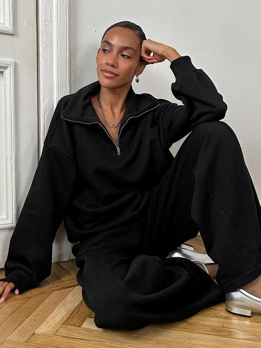 Autumn and winter pink looped cloth hoodie set for womens casual polo shirt and sweatpants two piece set womens clothing