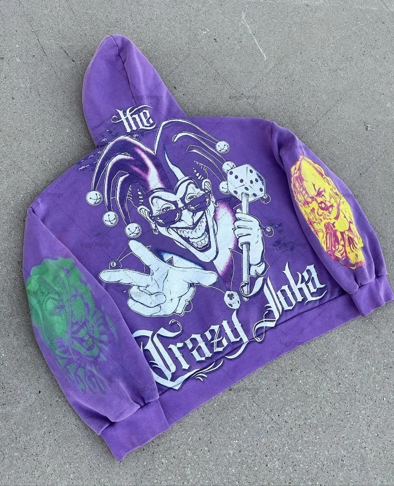 2024 Fashion Purple Casual Clothing Men Cartoon Printed Oversized Hoodie Men Y2K Harajuku High Street Loose Pullover Women 240812