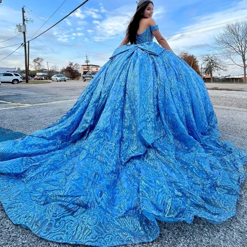Mexico Shiny Off The Shoulder Quinceanera Dress Gown For Girls Beaded Crystal Birthday Party Gowns Bow Robe 15 De Ball