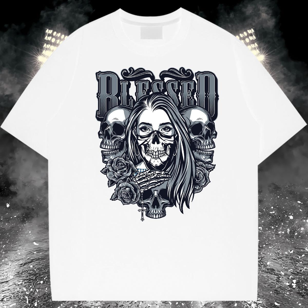 Customized T-Shirts for Men skull Polos 230g 100% Cotton Hip Hop Street Wholesale Floral Print Breathable Soft Couples T Shirts