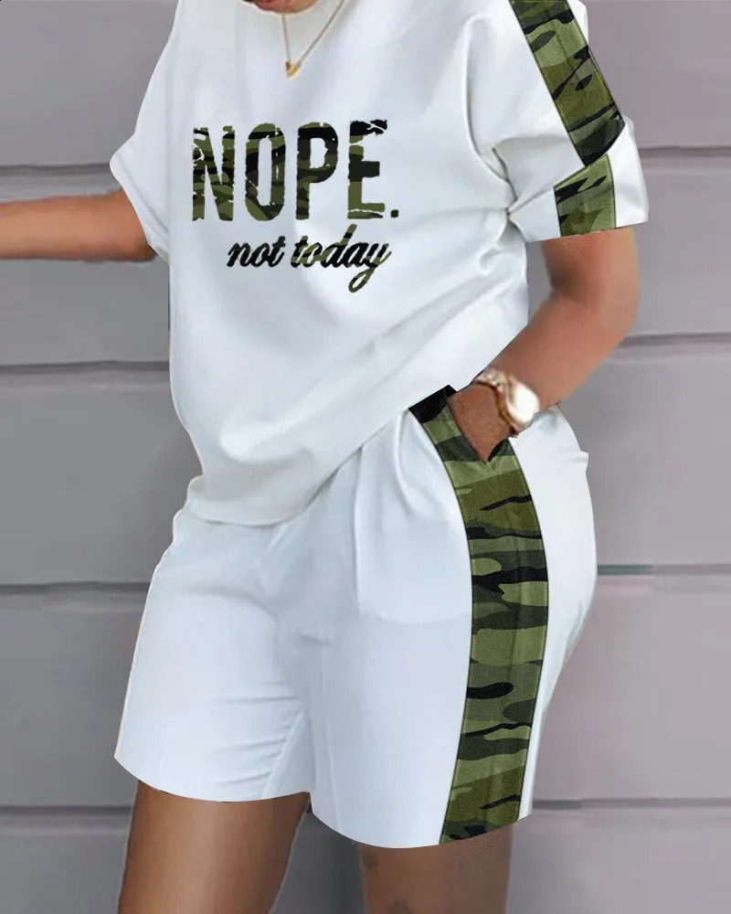 Women Casual Short Sleeve Outfit Summer Fashion Letter Printed O Neck Pocket Suit Female T Shirt Top Shorts Two Pieces Set 240812