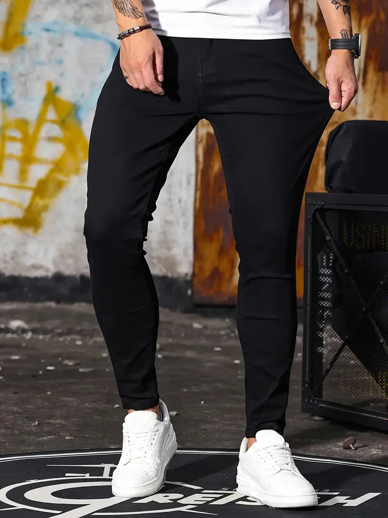 Man Pants Retro Washing Zipper Stretch Jeans Casual Slim Fit Trousers Male Plus Size Pencil Pants Denim Skinny Jeans for Men 240812
