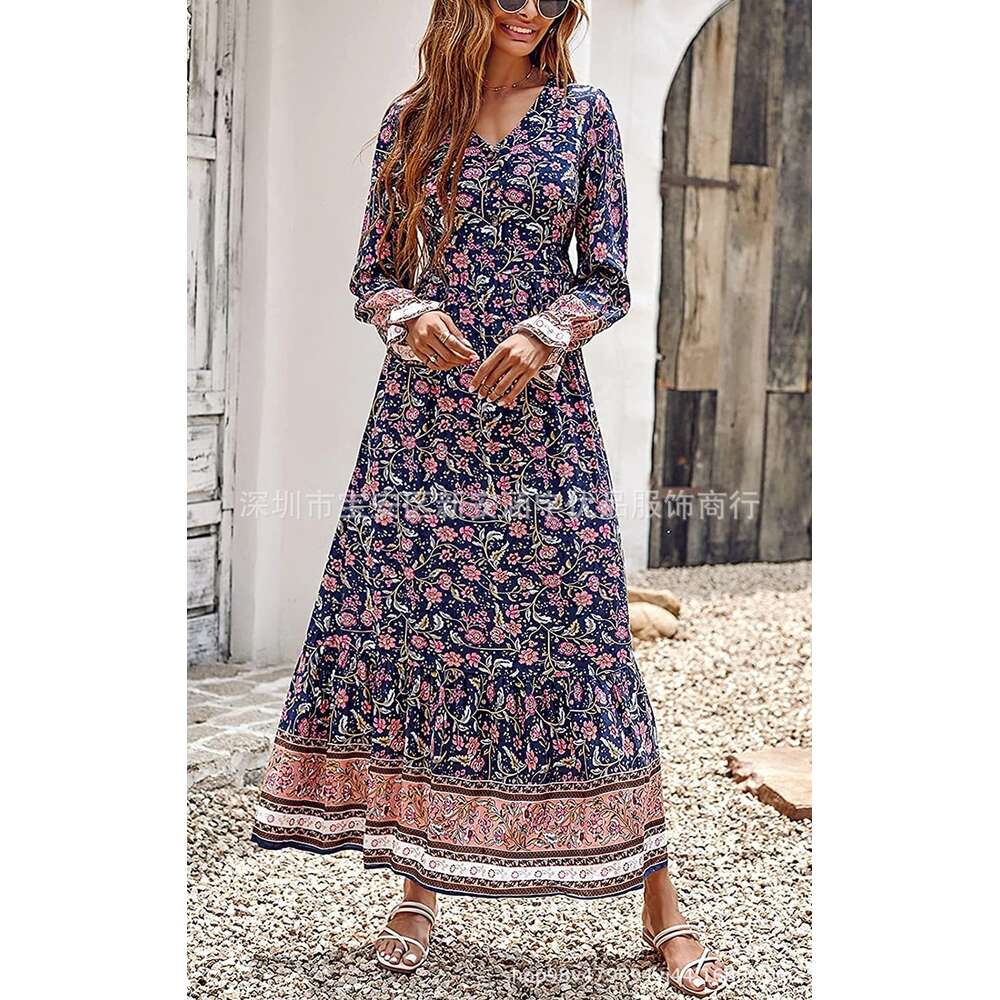 Solid Printing Versatile Temu Autumn New Womens Bohemian Dress Tiktok Sleeve Big Swing Long Floral Dress Loose Temperament Sexy High Waist Dress Denim
