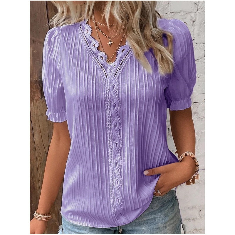 Elegant Blouse Solid Shirt Lace 2024 Summer Fashion Hollow
