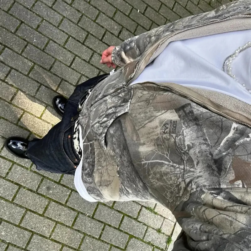 Y2K Zipper Street Hoodie Hip Hop Harajuku Camo Pattern Gothic Super Large Mens Sportswear Fashion Casual Top 240808
