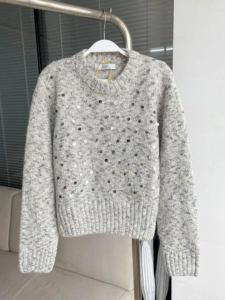 American Christmas Sequins Sweater Women Oversized Knitted Jumper Loose Korean Fashion Sweet Pullover High Quality Preppy Style 240812