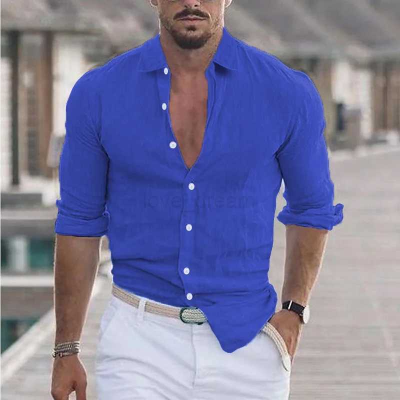 Mens Summer Cotton And Linen Loose Lapel Beach Shirt Casual Lazy Long Sleeve Solid Color Hawaiian Campfire Holiday WearXJ240812