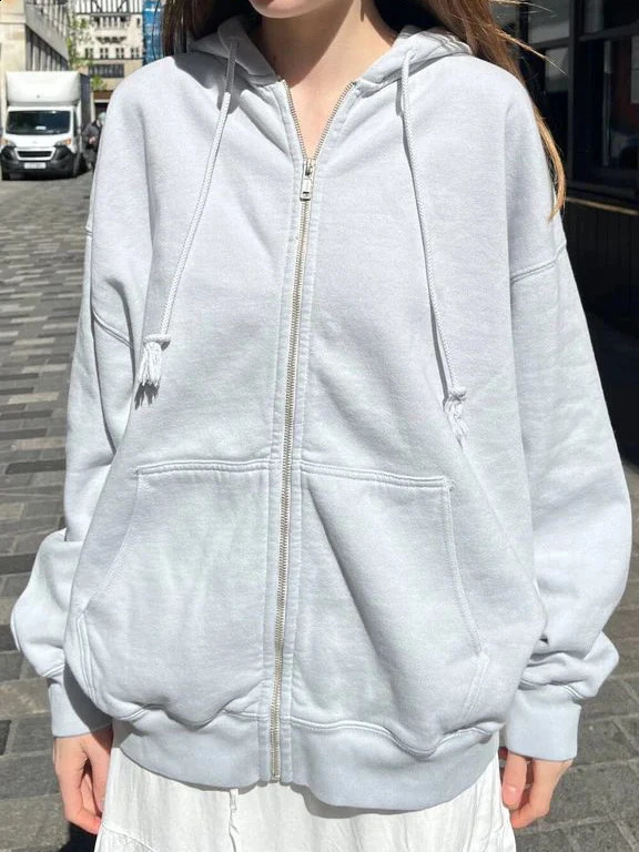 Blue Simple Oversized Hoodie Women Autumn Pocket Cotton Drawstring Hooded Sweatshirt Female Streetwear Solid Zip-up Sweatshirts 240812