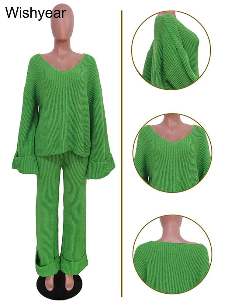 Sexy V Neck Off Shoulder Long Sleeve Sweatshirts Top Wide Leg Pants Knitted Two Piece Set Women Birthday Matching Loose Suits 240810