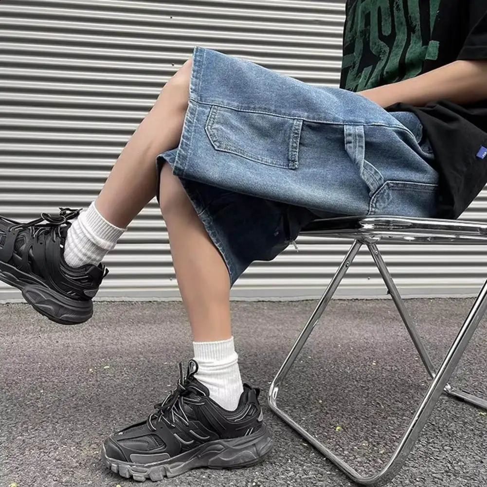 Plus Size Men Denim Shorts Elastic Drawstring Waist Straight Wide Leg Shorts Solid Color Beach Shorts Summer 240812