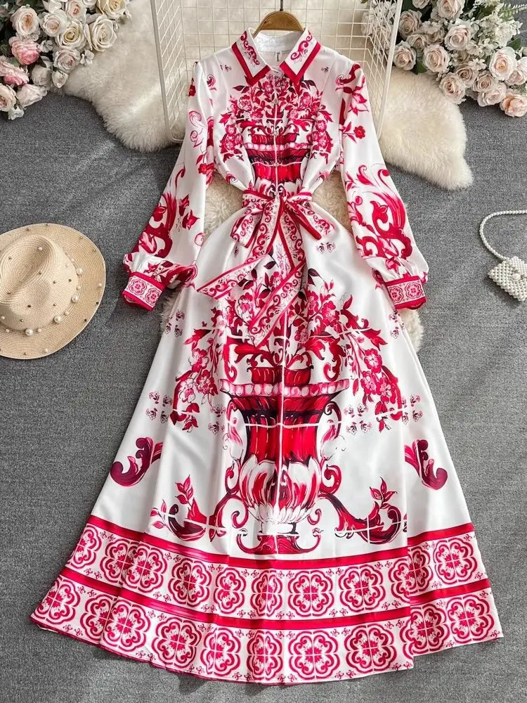 Autumn Fashion Blue And White Porcelain Vinatge Dress Women Clothing Lapel Collar Single Breasted Lace Up Holiday Maxi Vestidos 240812