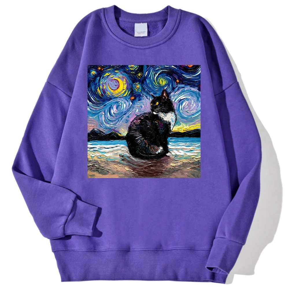 Cat Starry Sky Universe Prints Mens Sportswear Fashion Loose Autumn Hoodie Soft Wool Casual Zipper Simple O-neck DressW240724
