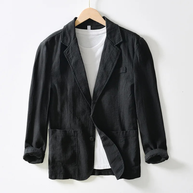 White blue black Spring Casual Linen and Cotton Safari Suits for Men Clothing Solid Color Blazers Jackets Oversize 240807