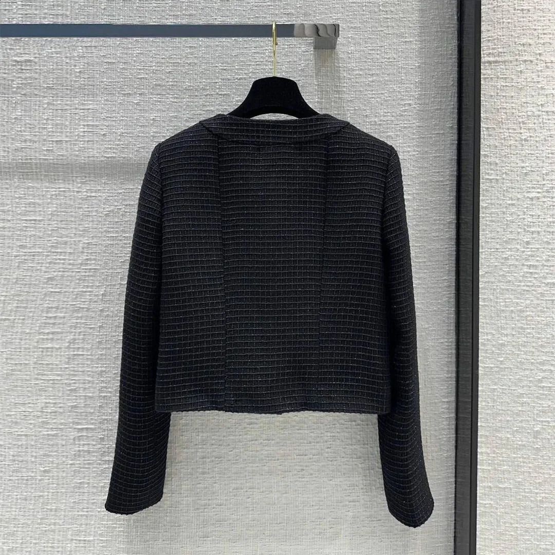Runway fashion n black plain weave coarse woolen jacket womens retro Oneck lantern sleeve single chest pocket fashionable short 240808
