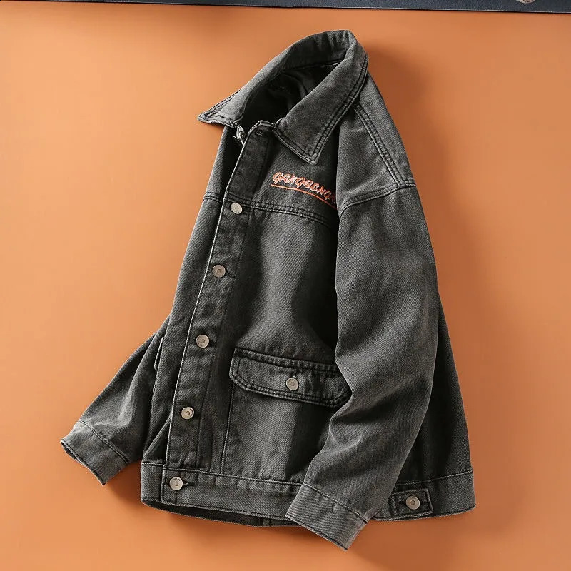Y2K Harajuku Style Fashion Washed Old Young Men Vintage Hip Hop Letters Embroidered Lapels Casual Denim Jacket 240816