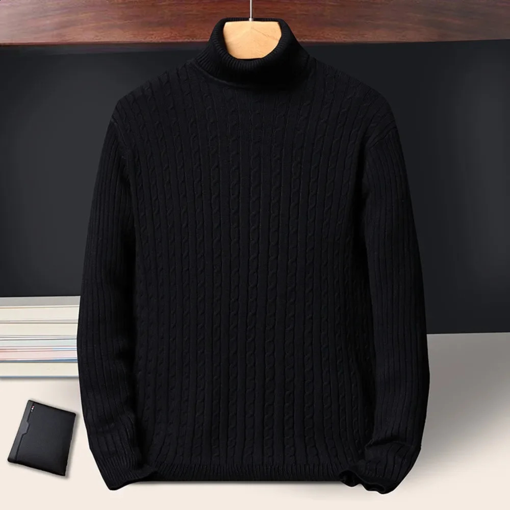 Mens Turtleneck Sweaters Autumn Knitted Striped Streetwear Warm Long Sleeved Pullover Solid Color Basic Style Casual Tops 240809