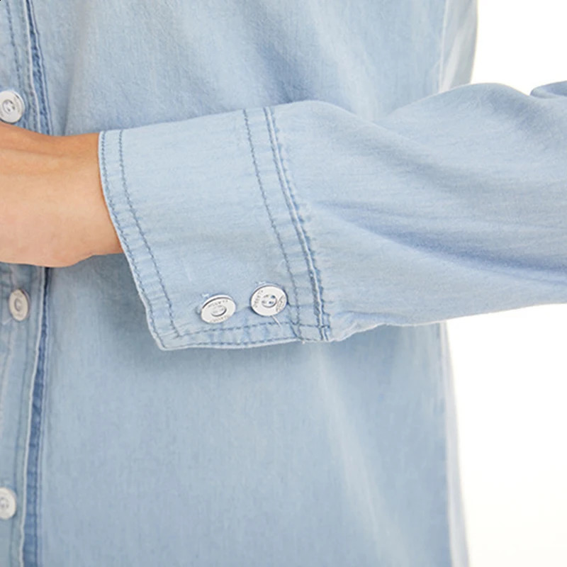 Light Blue Slim Thin Cotton Denim Shirts For Woman 2024 Spring Casual Ladies Tops Long Sleeve Jeans Blouses Clothing 240812