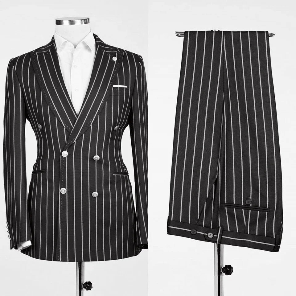 Mens Suits Stripe Business Blazer Sets 2 Pcs Male Coat with Pants Double Breasted Jacket British Style Pantsuits Customize 240812