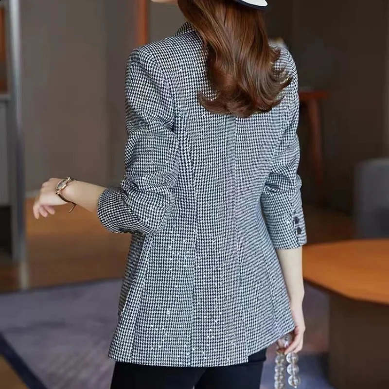 Spring fashion sequins houndstooth Ms. Suit spring thickening casual jacket blazer women tweed chaqueta de mujer 240812