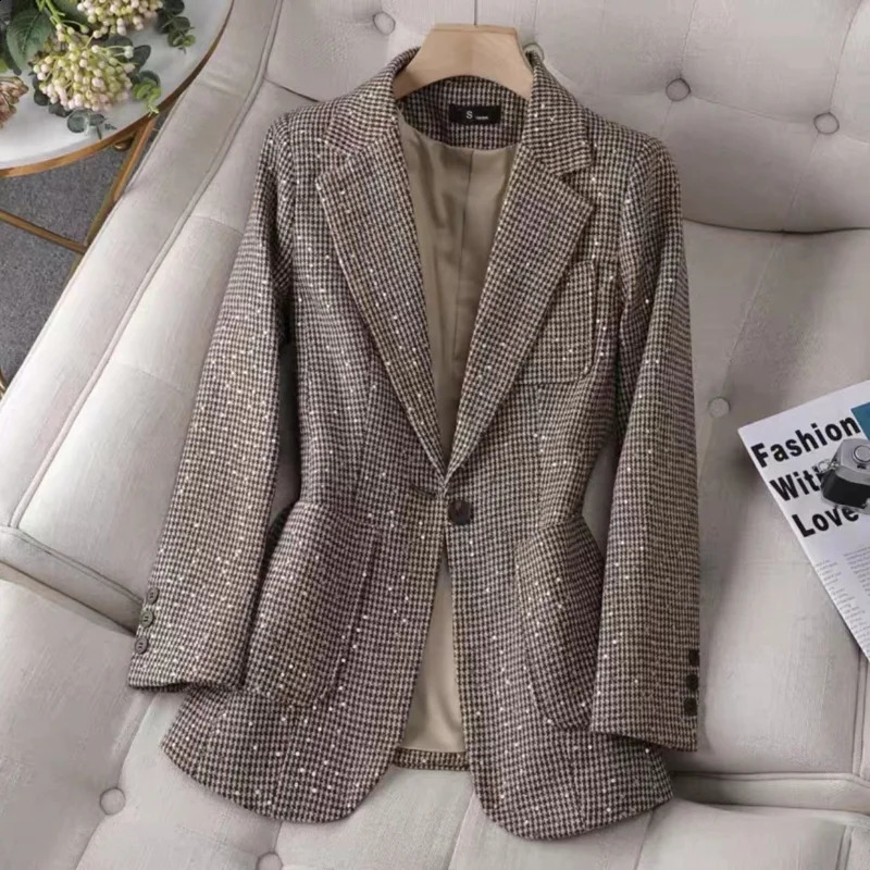 Spring fashion sequins houndstooth Ms. Suit spring thickening casual jacket blazer women tweed chaqueta de mujer 240812