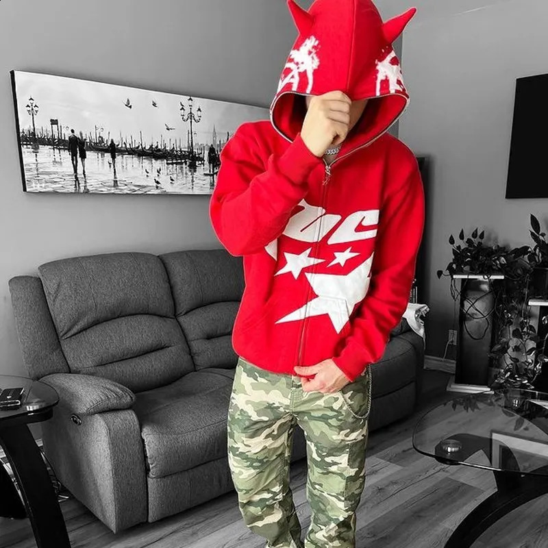 Y2K Clothes Grunge Hoodie Full Zip hip hop Star Graphic Sport Horn Coat Long Sleeve Oversized hoodie Harajuku Streetwear 240809