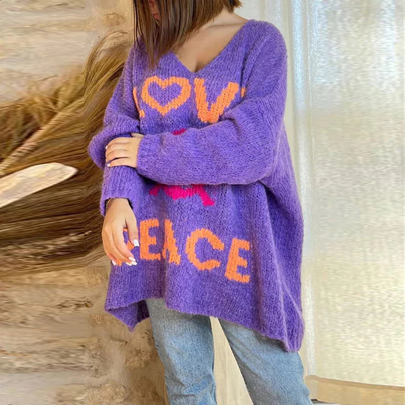 Crocheted Letter PEACE LOVE Knitted Sweater Womens Autumn V-neck Loose Top Pullover Winter Long Sleeve Female Jumper Harajuku 240812