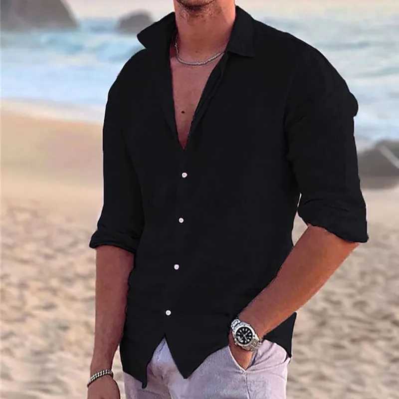 Mens Linen Summer Beach Shirt Long Sleeve Cardigan Solid Color Lapel Shirt Spring Summer Outdoor Street Casual Shirt Street TidXJ240812
