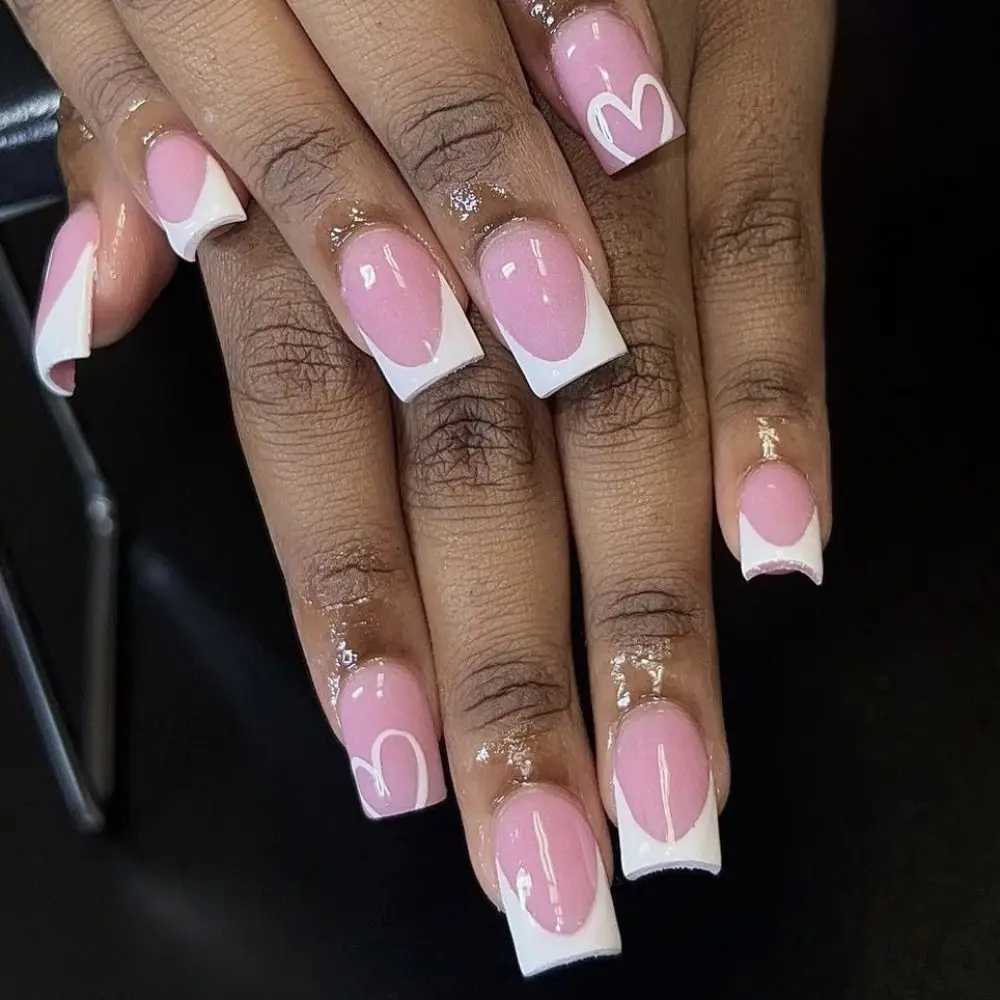 24 pieces of short square fake nails French white border fake nails pink fake nails fully covered and pressed nail tips W240810