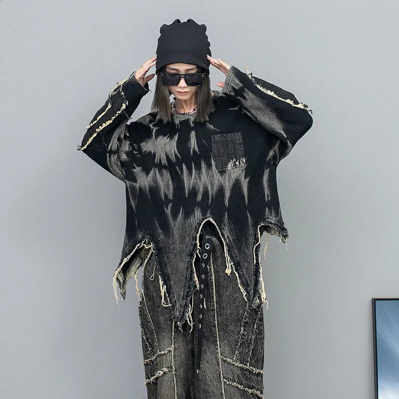 Woman Autumn Personality Vintage Distressed Tie-dye Denim Irregular Long Sleeve Knit Patchwork Streetwear Sweater O-neck Top 240812