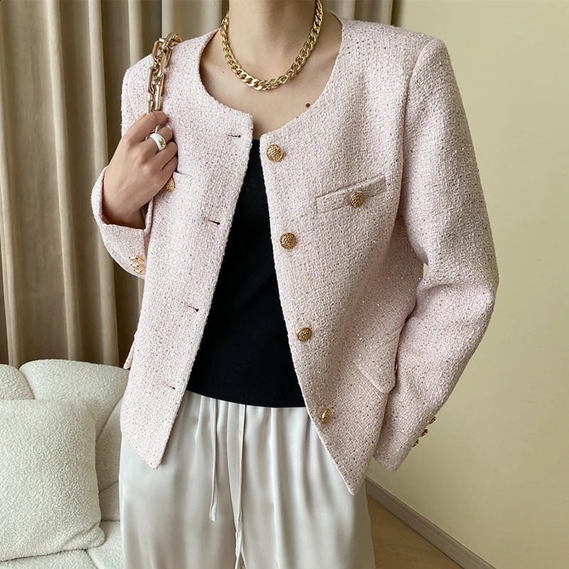 Elegant Short Woven Tweed Sequined Jacket Women Trend Classic O-neck Single Breasted Wool Blend Coats Spring Autumn 240812