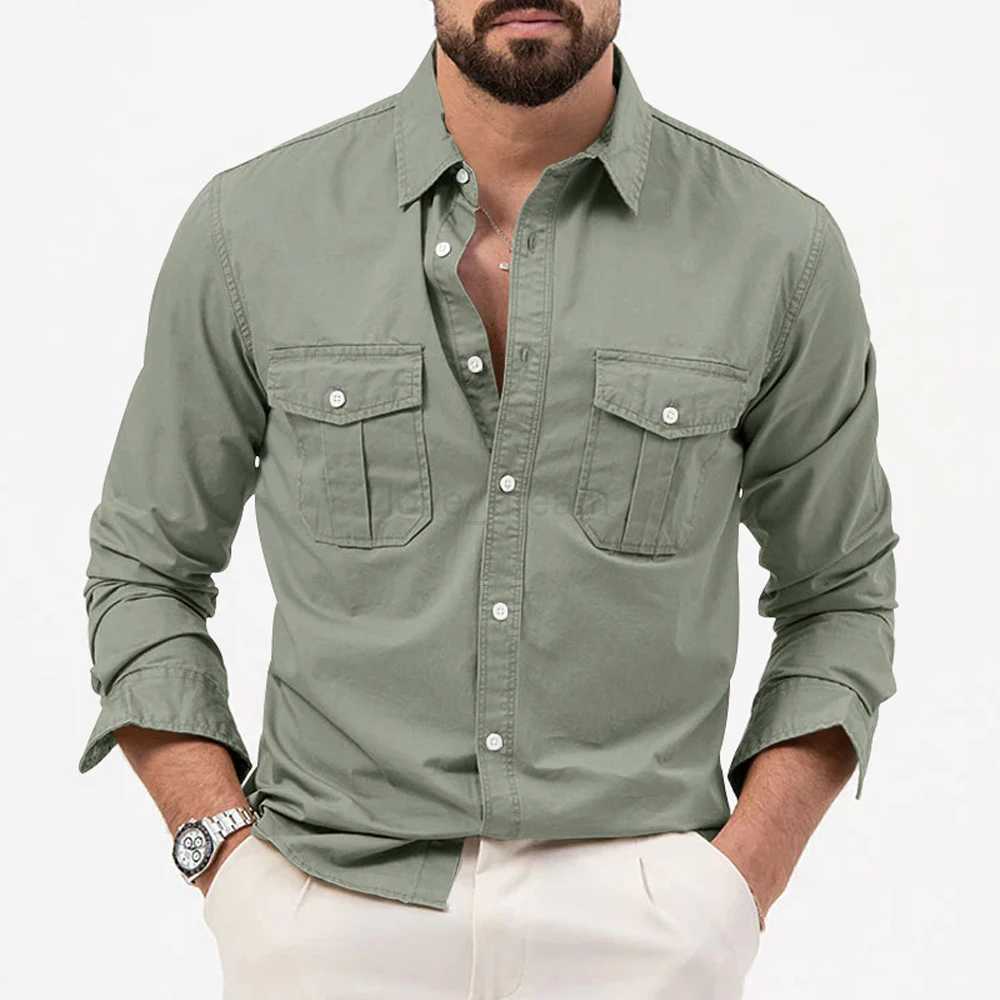 Mens Casual Shirt Fashion Solid Color Long Sleeve Multi-pocket Lapel Button Military Tactical Shirt Holiday Party Casual ShirtXJ240812